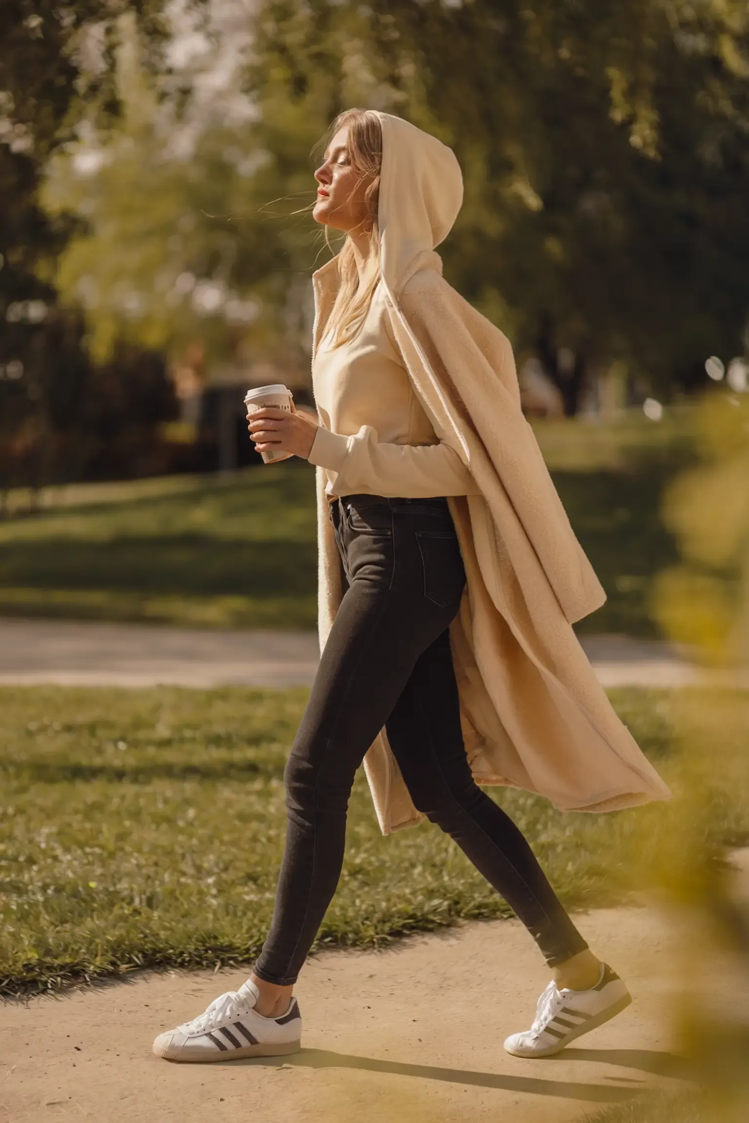 Person walking in park during golden hour sunlight, wearing cream-colored hoodie under long beige coat, paired with black skinny jeans and white Adidas sneakers, holding coffee cup