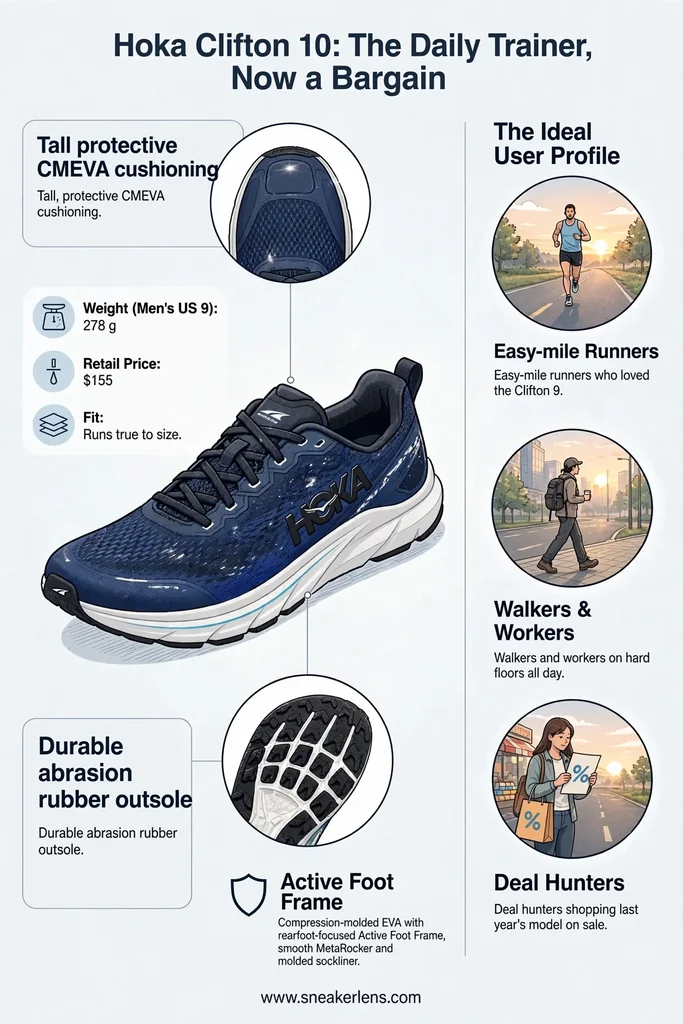 A product infographic showing the Hoka Clifton 10's tall CMEVA stack, 8 mm drop, true-to-size fit with roomier forefoot, and best-fit users like easy-mile runners and walkers.