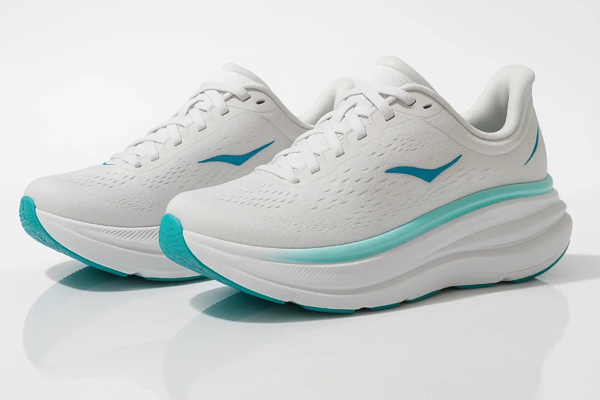 White HOKA running shoes with turquoise accent details, featuring Meta-Rocker geometry, engineered mesh upper, maximalist cushioned midsole, and balanced support for long-distance comfort