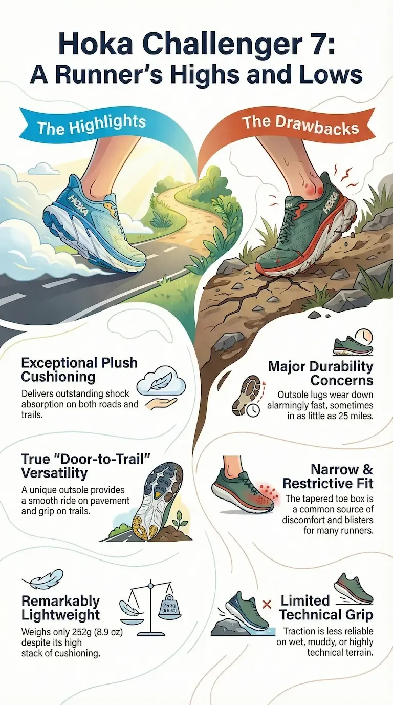 Hoka Challenger 7 infographic showing plush cushioning, road-to-trail versatility, lightweight build, durability problems, narrow fit, and limited technical grip.