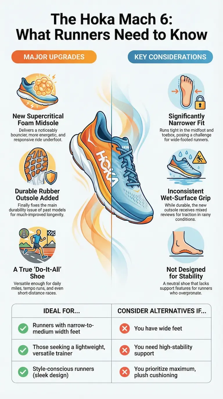 Infographic titled 'The Hoka Mach 6: What Runners Need to Know' detailing upgrades and considerations. Major improvements listed are the new supercritical foam midsole and durable rubber outsole.