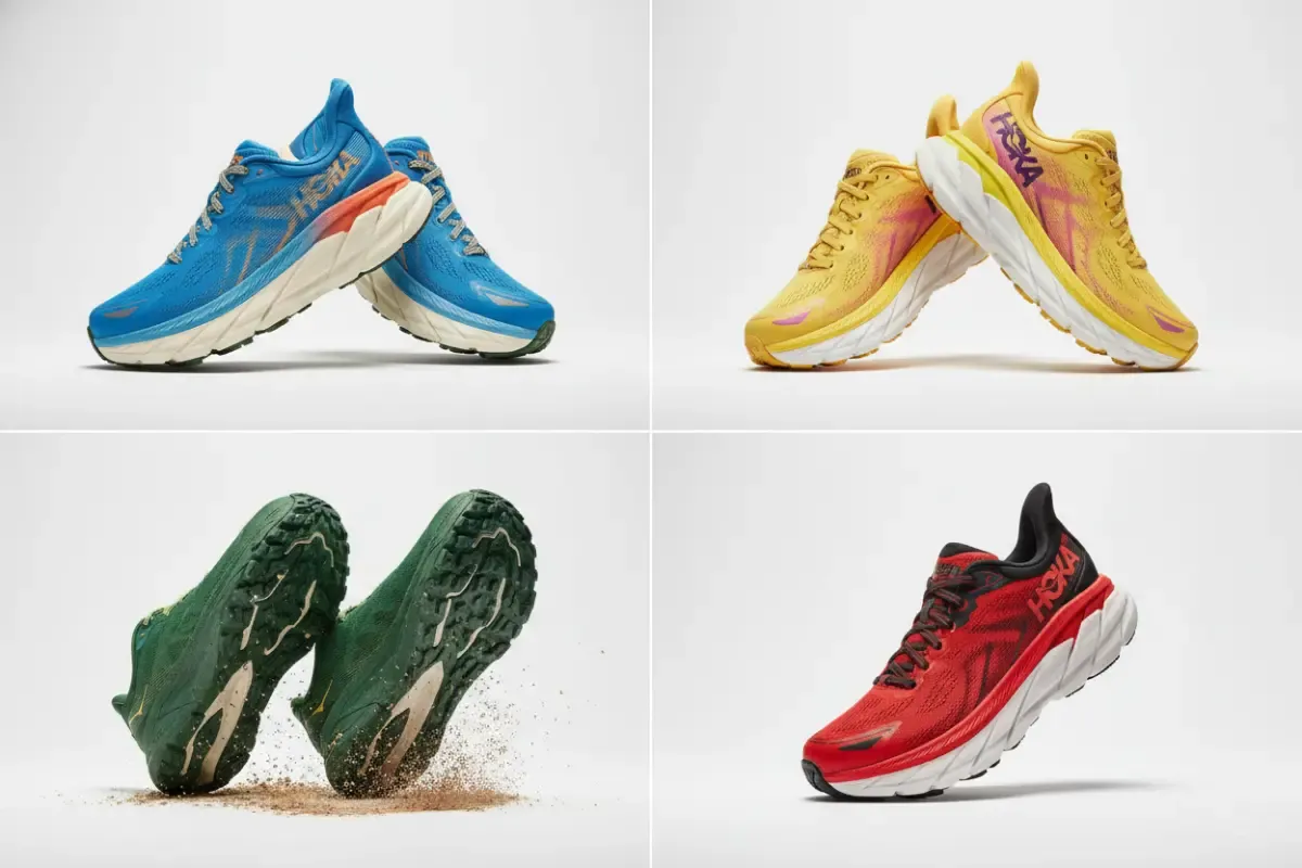 A colorful grid of different Hoka running shoes, showcasing road and trail models, against a clean white background.