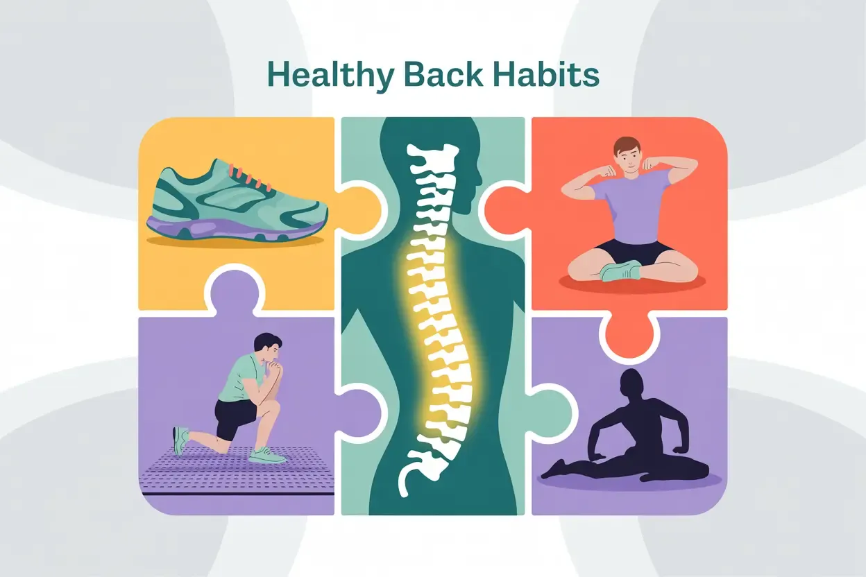 Illustration showing a holistic approach to back health, with a healthy spine figure surrounded by interconnected elements.