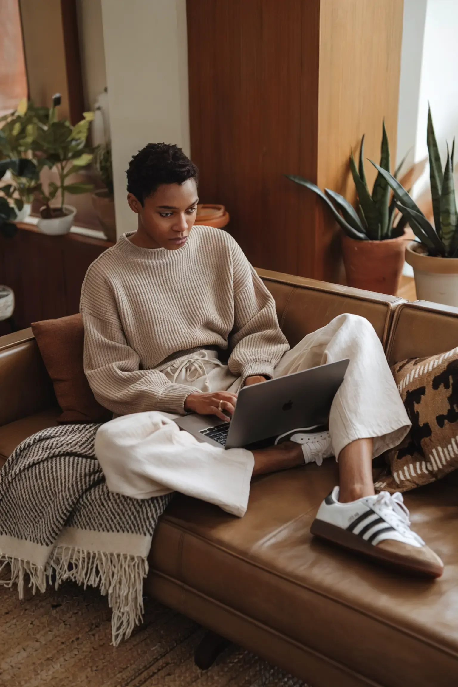 Work from home style featuring cream oversized sweater, white wide-leg pants and white Adidas Samba sneakers, person sitting on brown leather couch with laptop and decorative plants in background