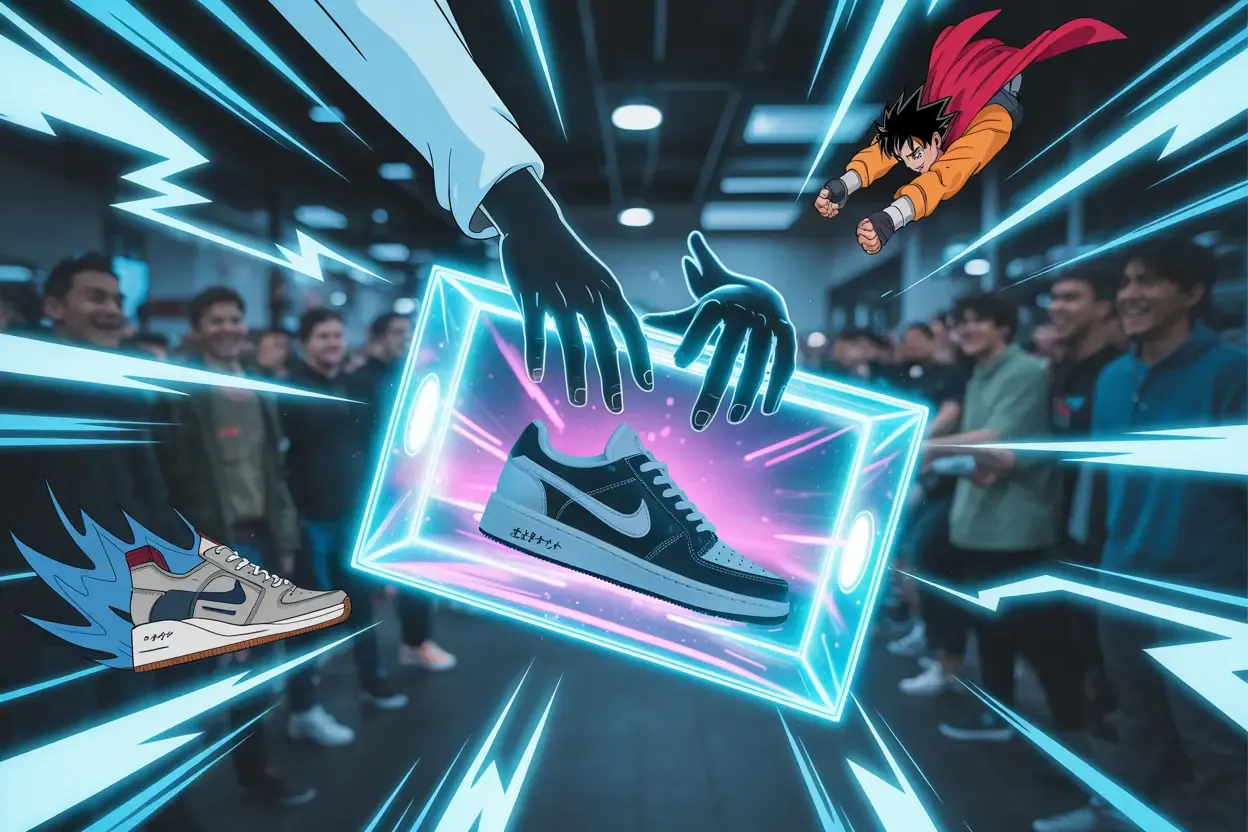 Dynamic image illustrating the intense excitement and rush to get limited edition anime collaboration sneakers during a release.