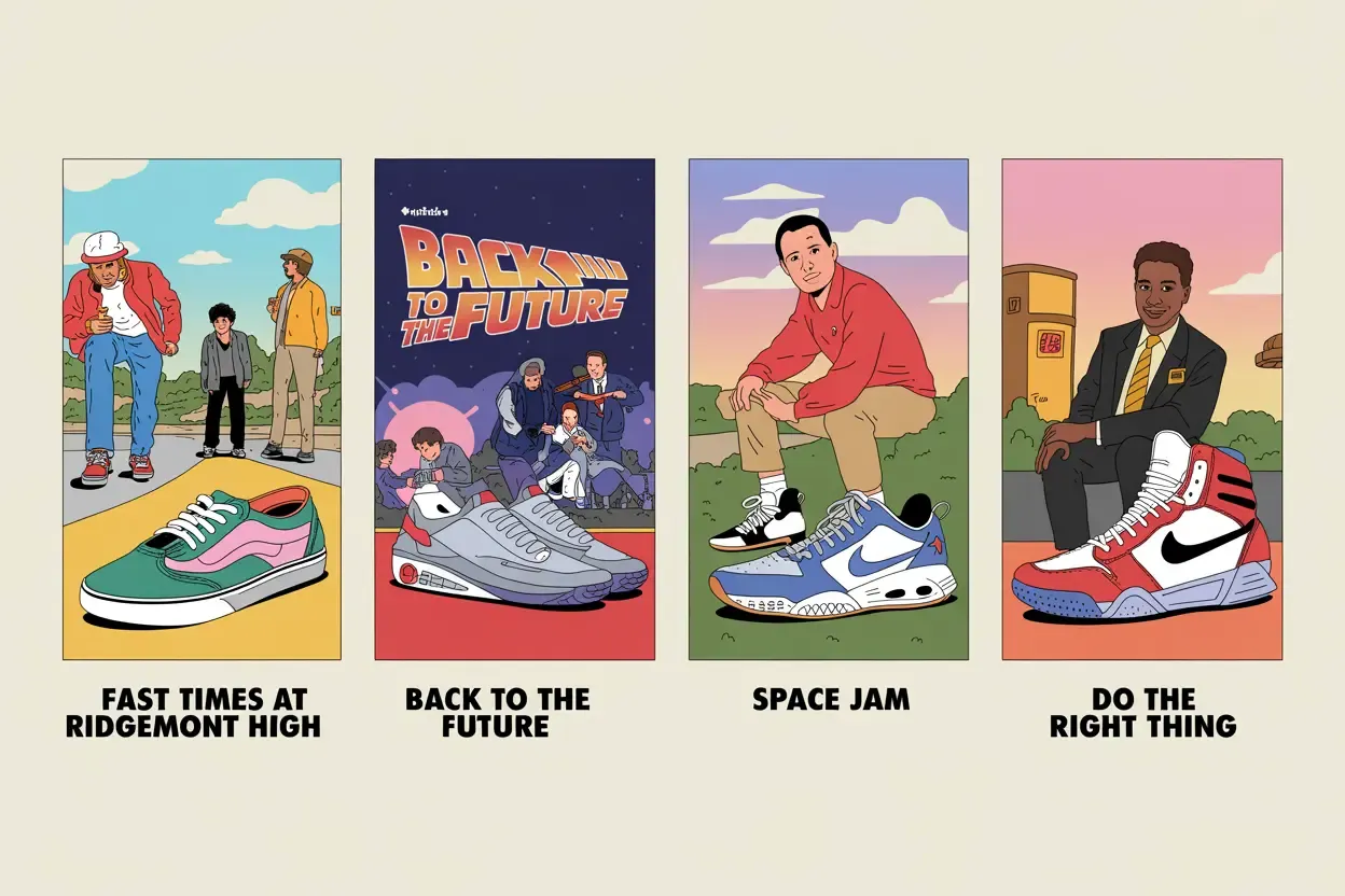 Visual grid highlighting famous sneakers from different movies like Back to the Future, Forrest Gump, and Do the Right Thing.
