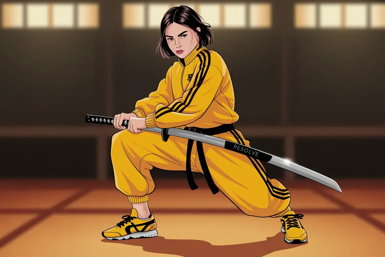 Person in a yellow tracksuit and yellow Onitsuka Tiger sneakers in an action pose, referencing the film Kill Bill.