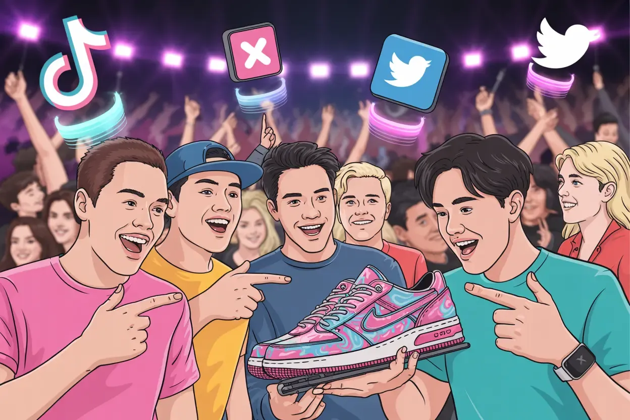 Illustration of K-Pop fans interacting on social media, with icons representing platforms and shared interest in idol fashion.