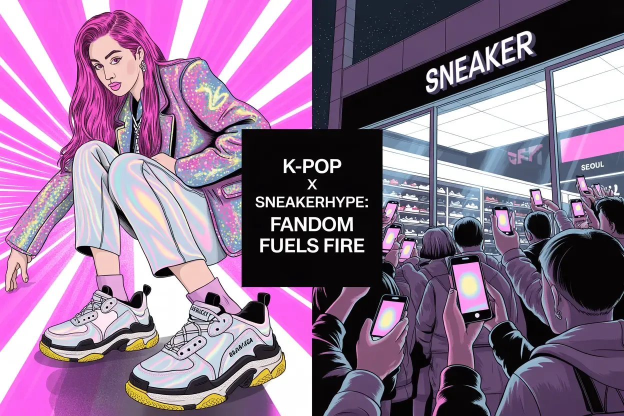 Illustration of a K-Pop fan and a crowd outside a sneaker store, representing K-Pop sneaker hype.