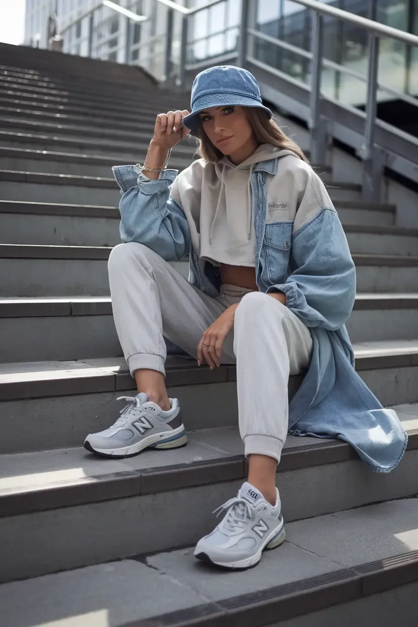 Casual style featuring oversized denim jacket, white crop hoodie, light joggers and gray New Balance sneakers