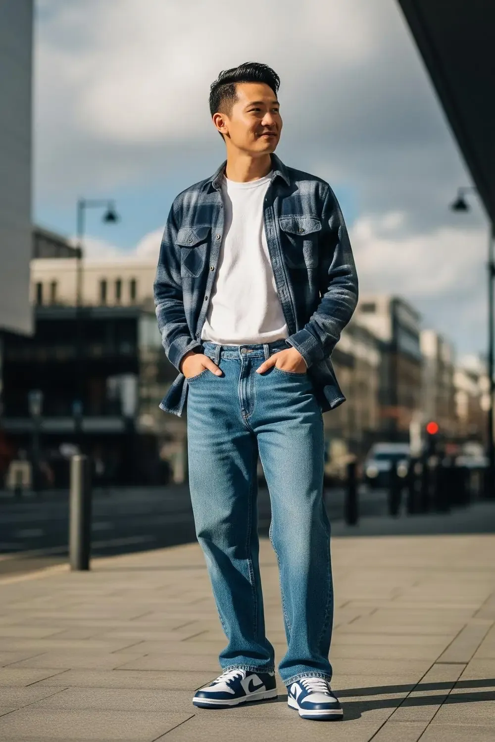 Man styled in Dunk Lows and wide-leg jeans, expertly layered with a t-shirt and an open flannel shirt or coach jacket.