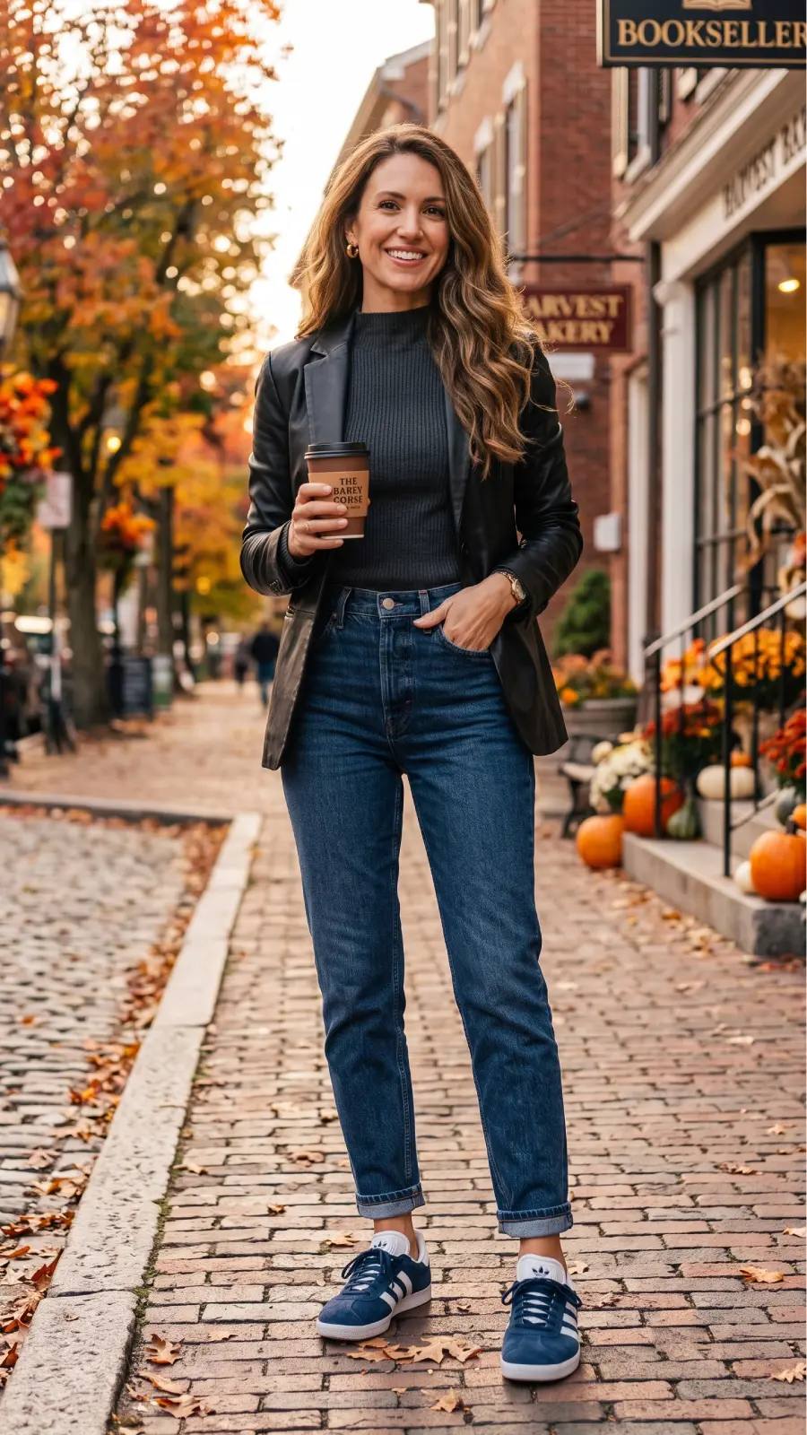 Lifestyle editorial full body photo of a chic 30-something woman with long wavy brown hair, wearing a black fitted leather blazer and a ribbed mockneck sweater.