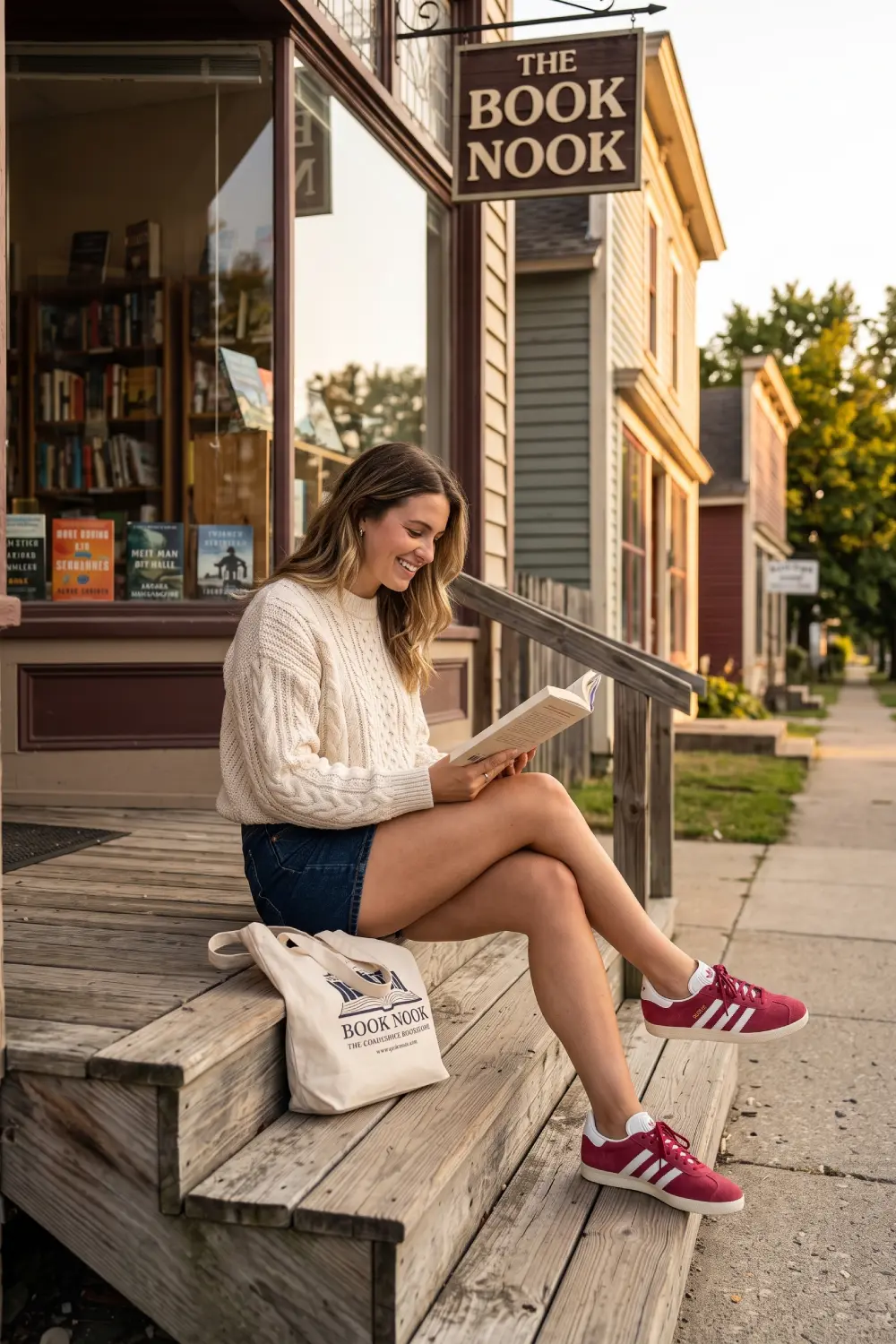 Lifestyle editorial photo of a woman in a heavy cream cable-knit sweater, dark wash denim shorts, and red suede Adidas Gazelle sneakers