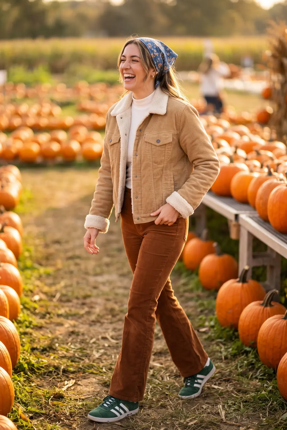 Cozy autumn outfit featuring a sherpa jacket, corduroy flare pants, and forest green Adidas Gazelle sneakers.