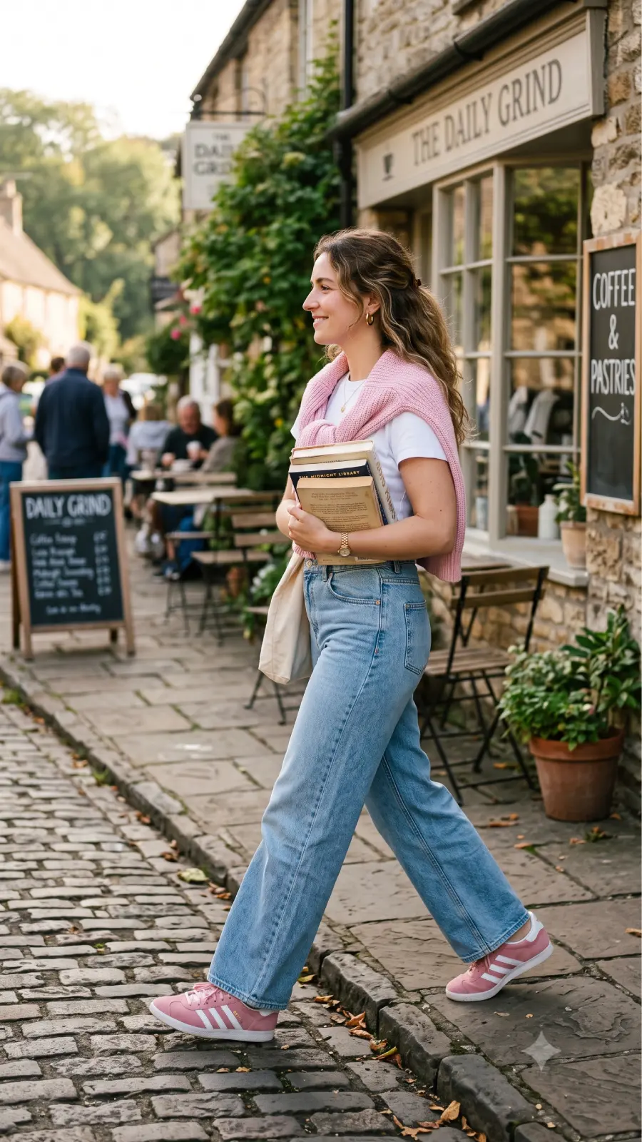 Lifestyle editorial photo of a woman in her late 20s wearing a simple white tee, wide-leg light blue denim, and a pastel pink knit sweater tied loosely around her shoulders.