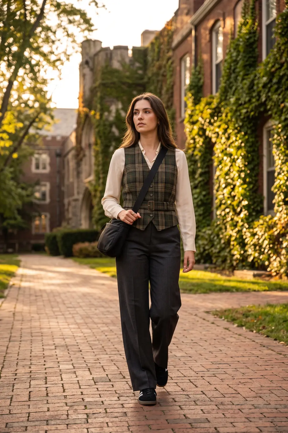 Lifestyle editorial photo of a focused woman walking down a brick path near ivy-covered brick university buildings, wearing tailored charcoal wide-leg trousers.