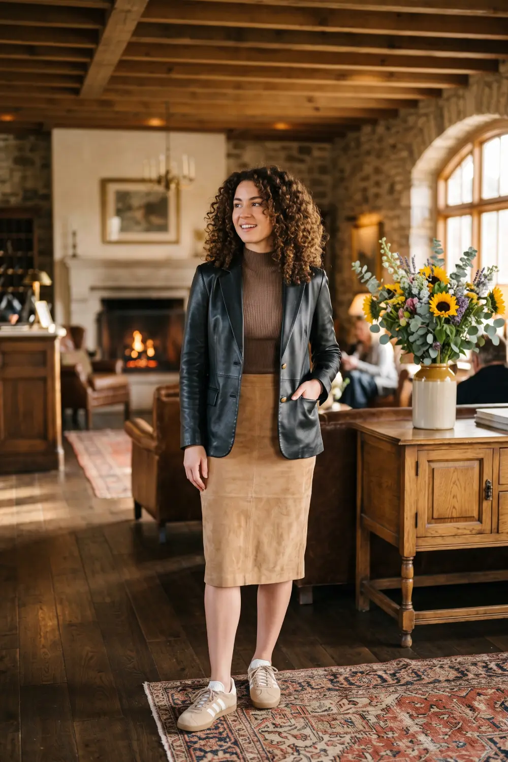 Professional Y2K office wear with a structured leather blazer, tan suede pencil skirt, and sand suede Adidas Gazelle sneakers.