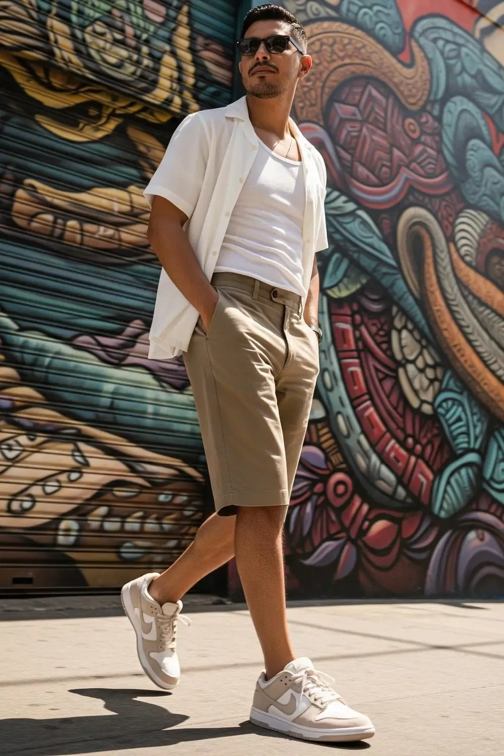 Man wearing sand Nike Dunk Lows with tailored khaki shorts, a breezy white button-up shirt (sleeves rolled up), and sunglasses, standing against a vibrant, sunlit street art wall.