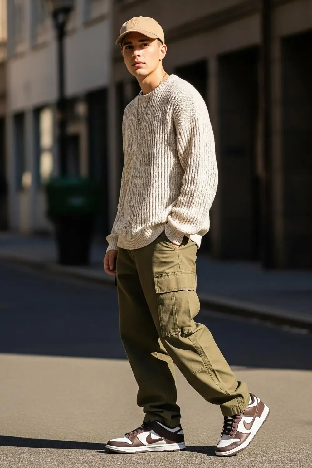 Man wearing dark brown Nike Dunk Lows with olive green cargo pants, a cream-colored textured sweater, and a neutral baseball cap, exuding effortless street style.