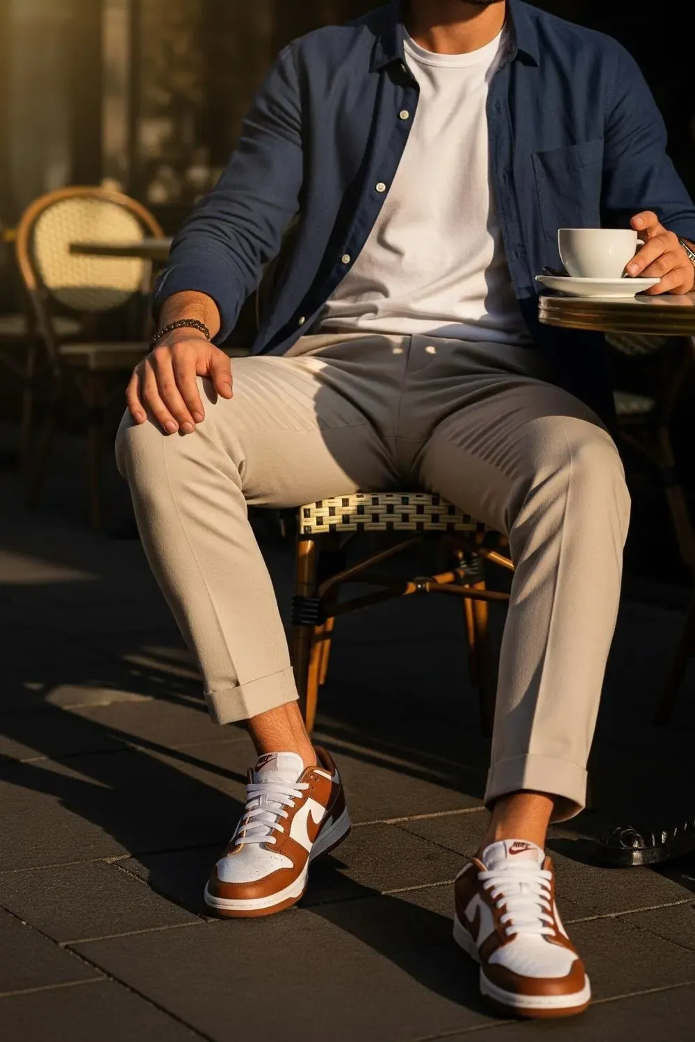 Man confidently wearing medium brown leather Nike Dunk Lows with tailored beige chinos, a crisp white t-shirt, and an unbuttoned navy blue linen shirt over it, in a bright cafe setting.