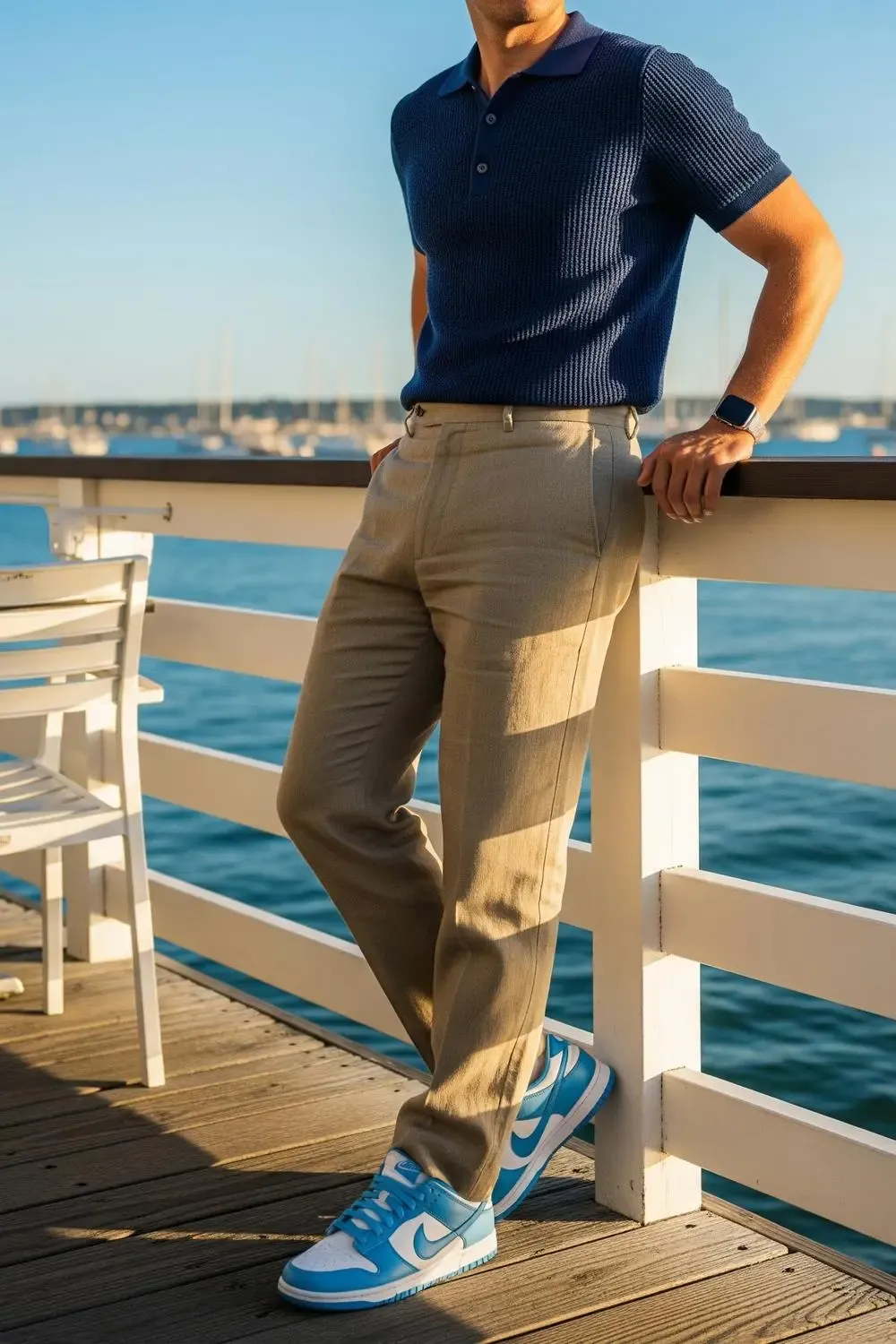 A stylish man in khaki linen trousers, a navy knit polo shirt, and Nike Dunk Low 'UNC' sneakers, leaning casually against a boardwalk railing with a harbor view.