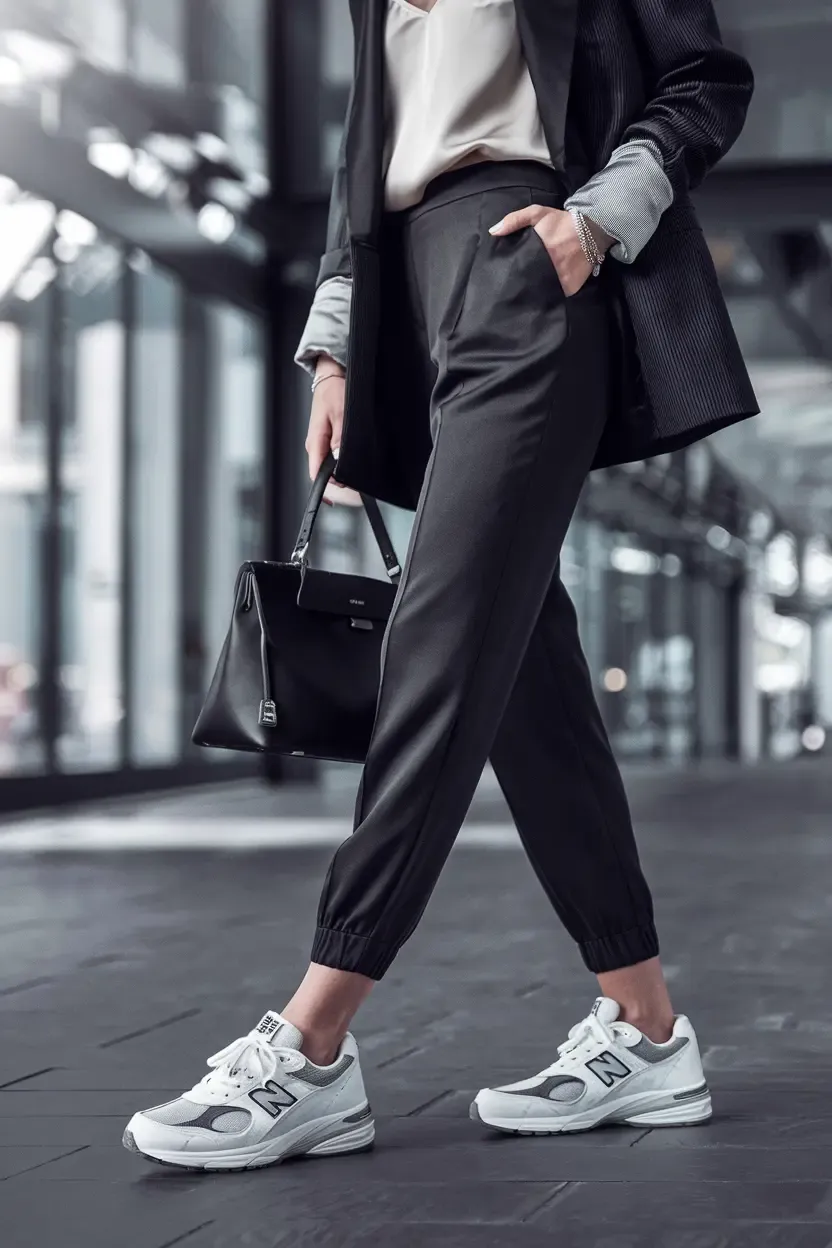 Modern athleisure featuring black blazer, white top, black joggers and gray New Balance sneakers