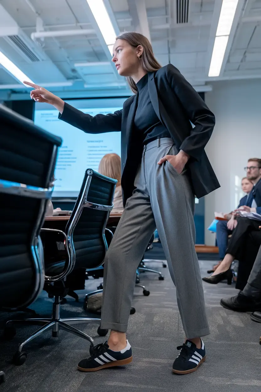 Woman giving presentation in black blazer and gray tailored pants, wearing classic Adidas sneakers in conference room