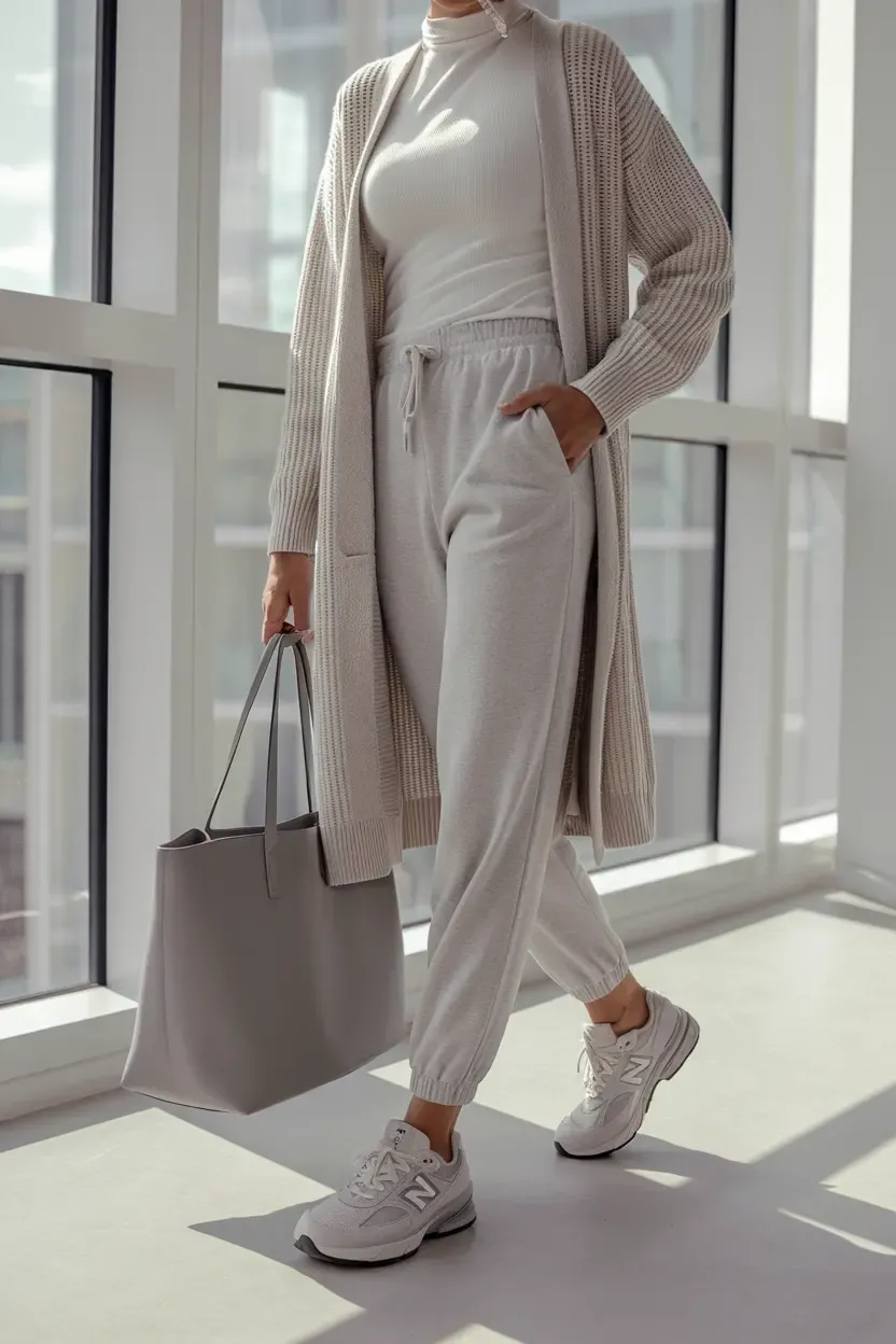 All-white athleisure ensemble with long cardigan, turtleneck, joggers and white New Balance sneakers