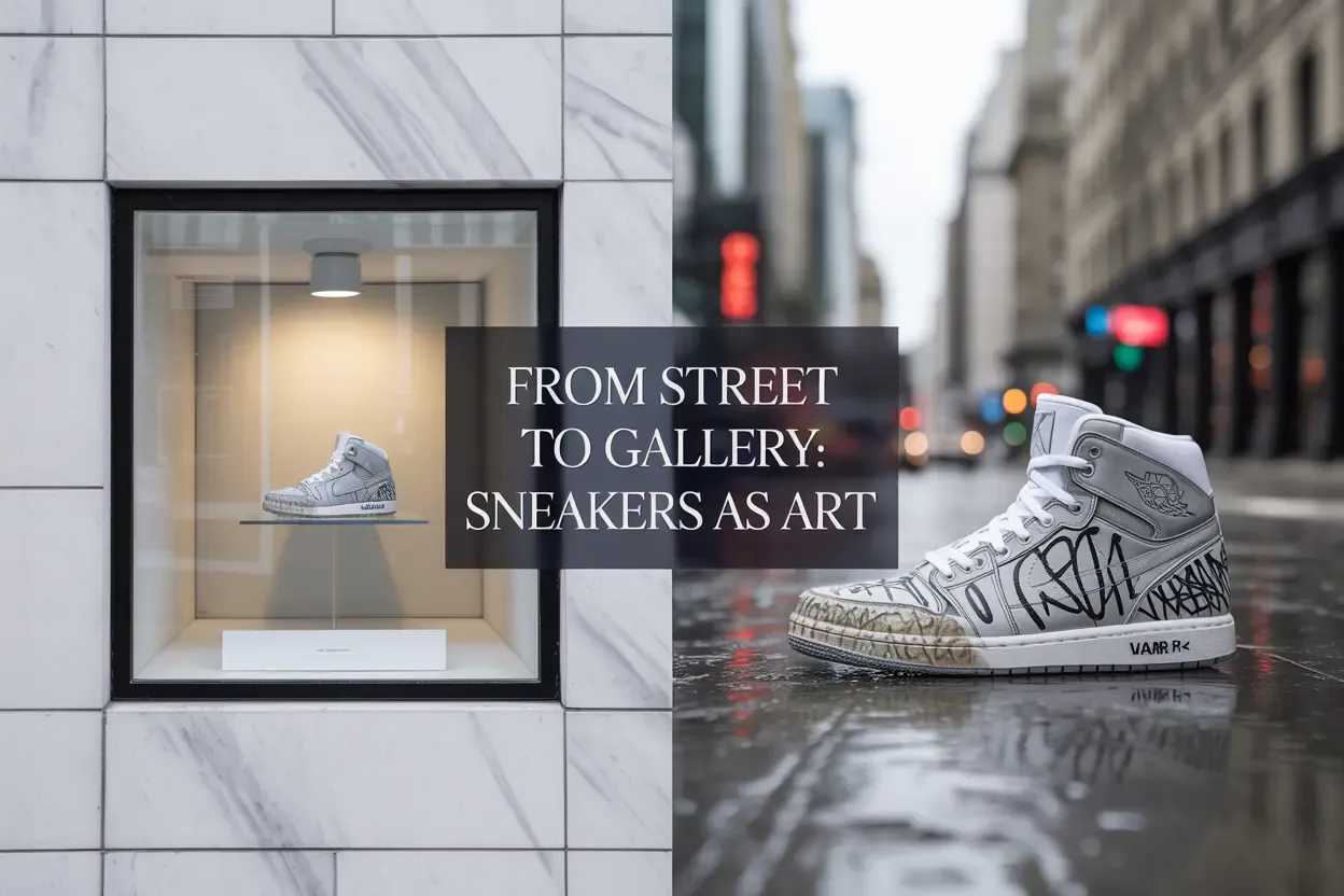 Sneaker displayed in a museum case and on a street, illustrating "Sneakers as Art".