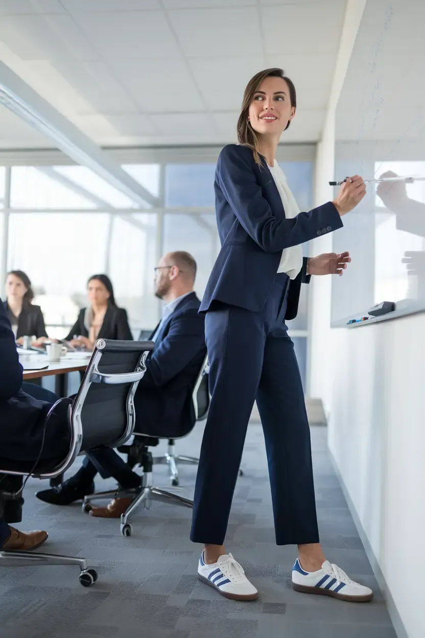Woman leading business meeting in navy power suit paired with white Adidas sneakers, writing on whiteboard