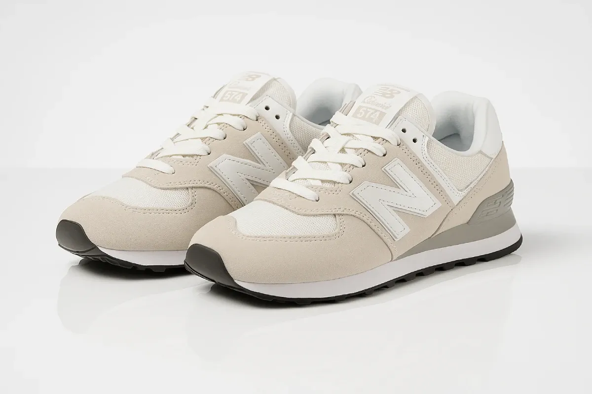 New Balance 574 Core in off-white/beige with suede and mesh combination upper, iconic N logo, ENCAP midsole technology, classic silhouette, versatile design, and heritage-inspired colorway for timeless style.