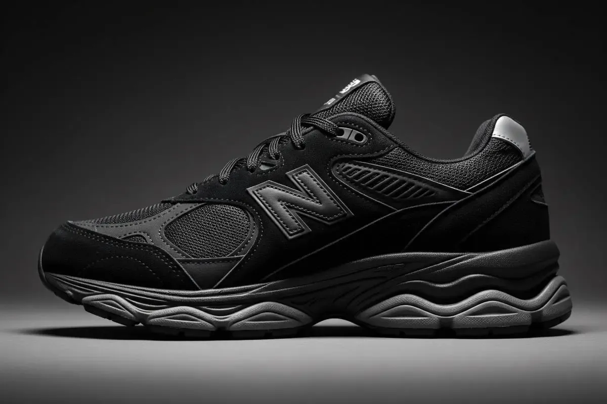A side view of the New Balance 9060 in the 'Triple Black' colorway, highlighting its sculptural midsole and material textures under dramatic lighting.
