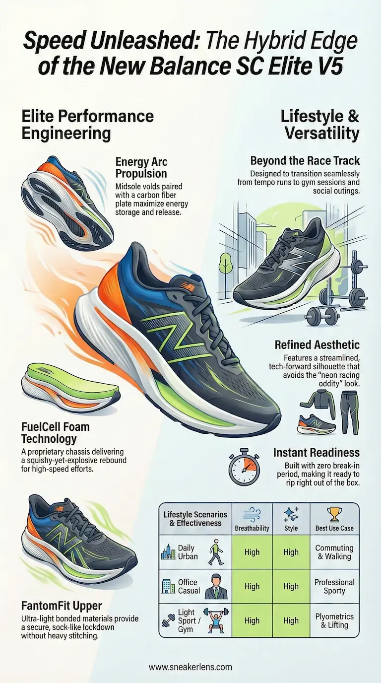 The New Balance SC Elite V5 is engineered for speed and performance. Ideal for energy return and everyday wear.