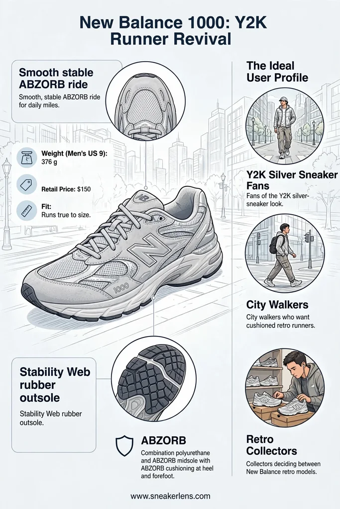 Infografía de los New Balance 1000 con su amortiguación ABZORB, suela Stability Web, ajuste retro angosto y usuarios ideales como fans del estilo Y2K y caminantes de ciudad.