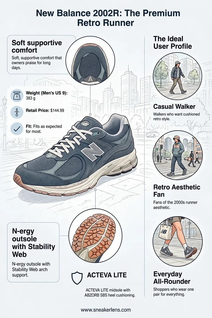 Retro runner New Balance 2002R en gamuza y malla con amortiguación ACTEVA, pensados para caminar todo el día en la ciudad con estilo Y2K.