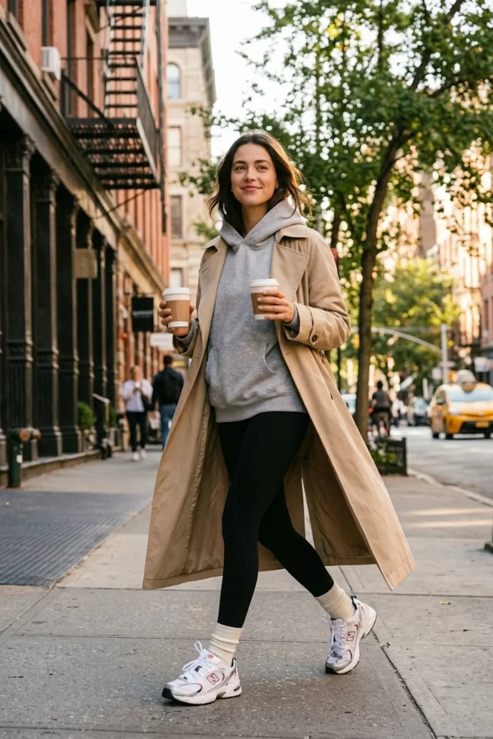 Woman walking in the city wearing New Balance 530 sneakers, beige trench coat, grey hoodie, and black leggings while holding coffee cups.