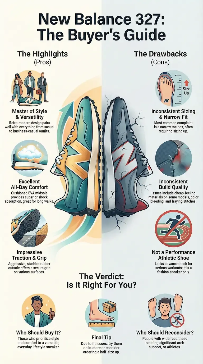 Infographic review of the New Balance 327 showing its style versatility, all-day comfort, strong traction, narrow sizing, build-quality issues, and non-athletic design.