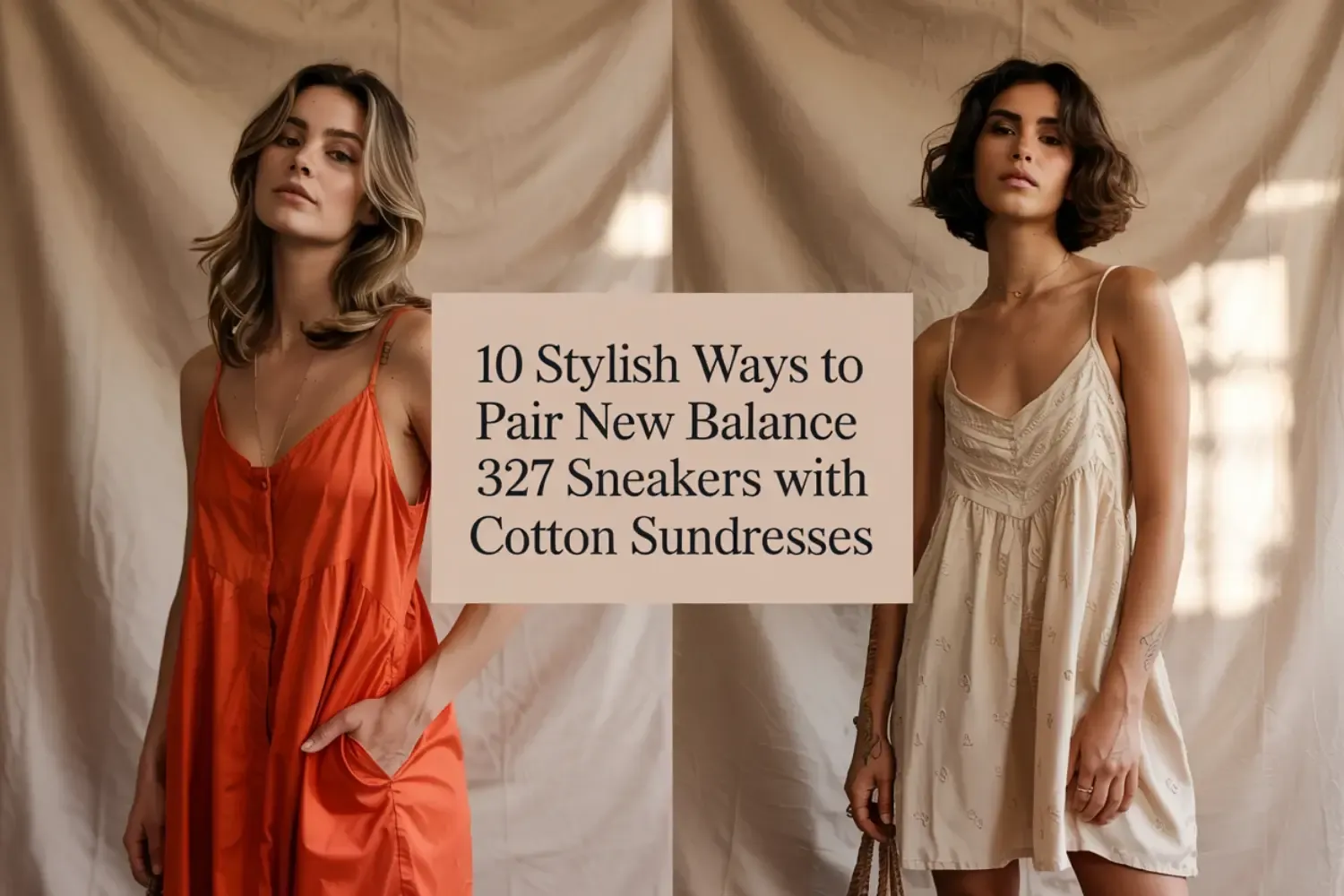 Fashion photography featuring two models in cotton sundresses - one in a bright orange button-front style and one in a cream embroidered style