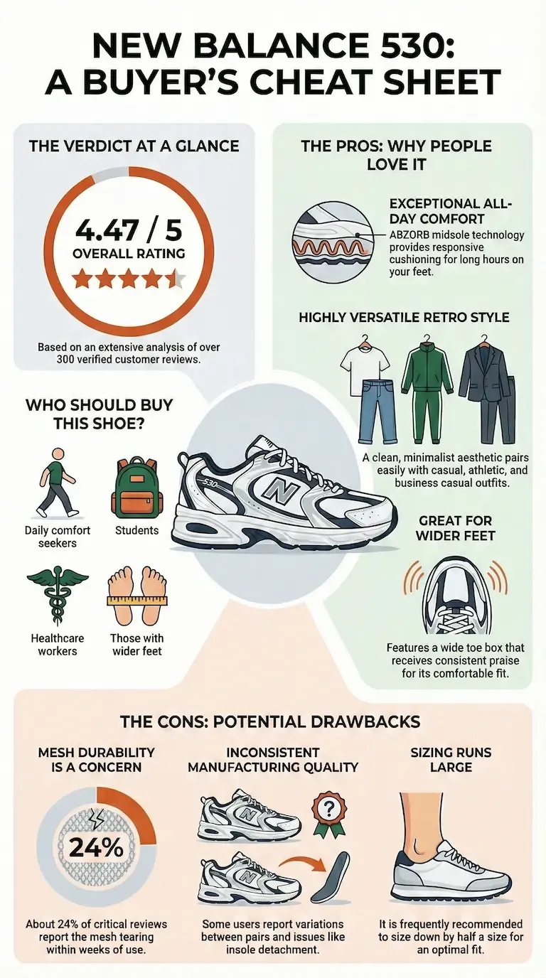 Infographic review of the New Balance 530 showing its all-day comfort, retro style, wide-foot fit, mesh durability concerns, build-quality issues, and large sizing.
