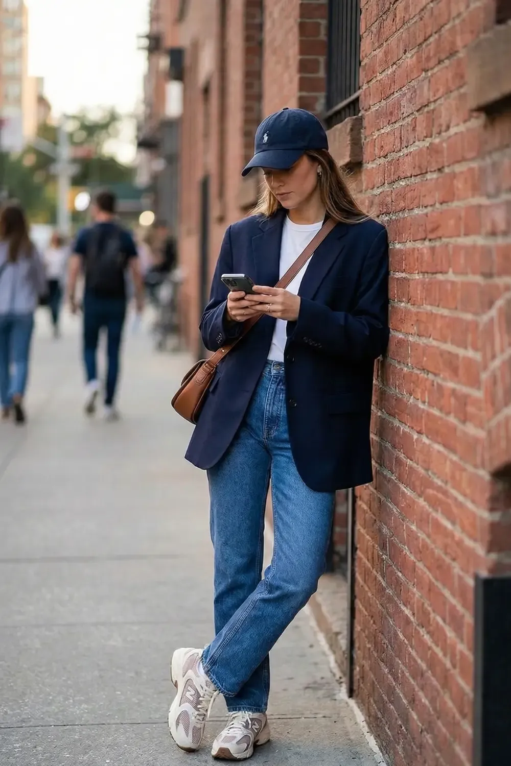 Woman in a navy blazer, white T-shirt, blue jeans, and New Balance 530 sneakers leaning against a brick wall while checking her phone.