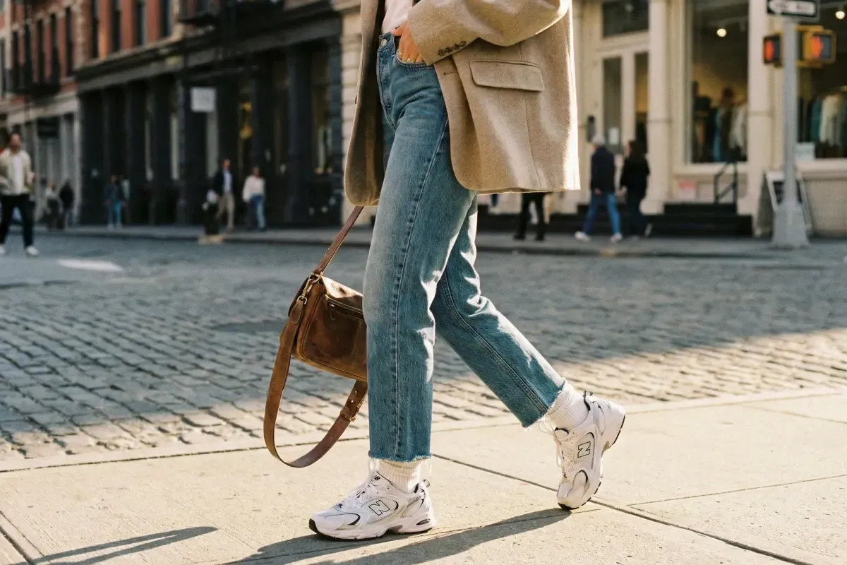 A candid street style photograph of a woman wearing New Balance 530 sneakers styled with straight-leg jeans and an oversized blazer, serving as outfit inspiration for the trend.