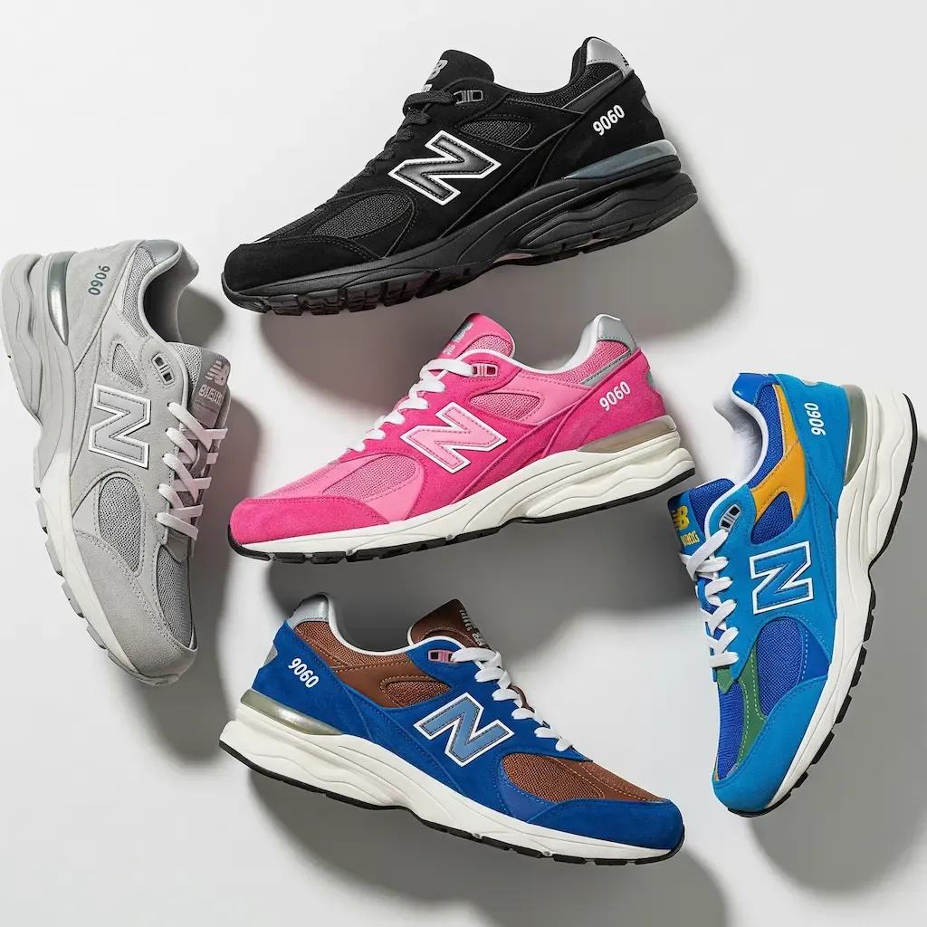 A vibrant collage of several New Balance 9060 sneakers in different popular colorways, including the Joe Freshgoods 'Penny Cookie Pink' and the Bodega 'Age of Discovery', showcasing the model's versatility.