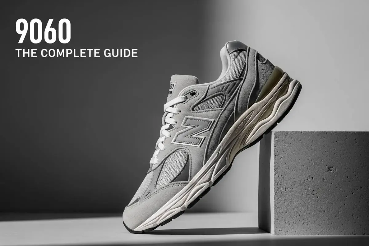 High-fashion editorial thumbnail for the New Balance 9060 complete guide article.