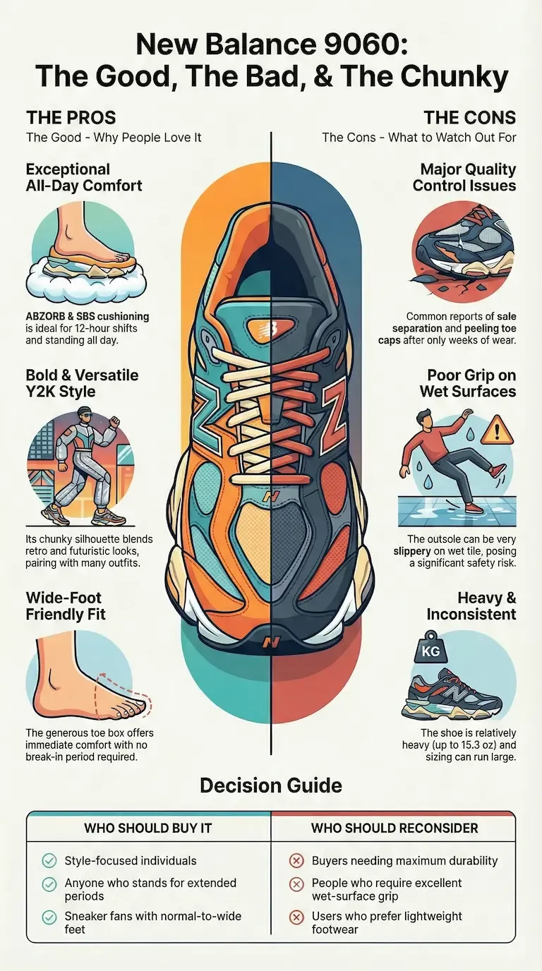 Infographic review of the New Balance 9060 showing comfort, wide-foot fit, Y2K style, quality-control issues, wet-surface grip problems, and heavy sizing.