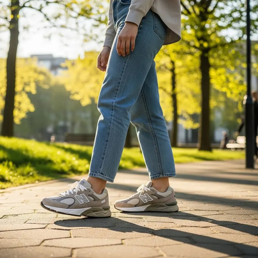 The New Balance 9060 'Mushroom' colorway shown on-foot, showcasing its versatile and sophisticated earth-toned palette in a natural, outdoor setting.