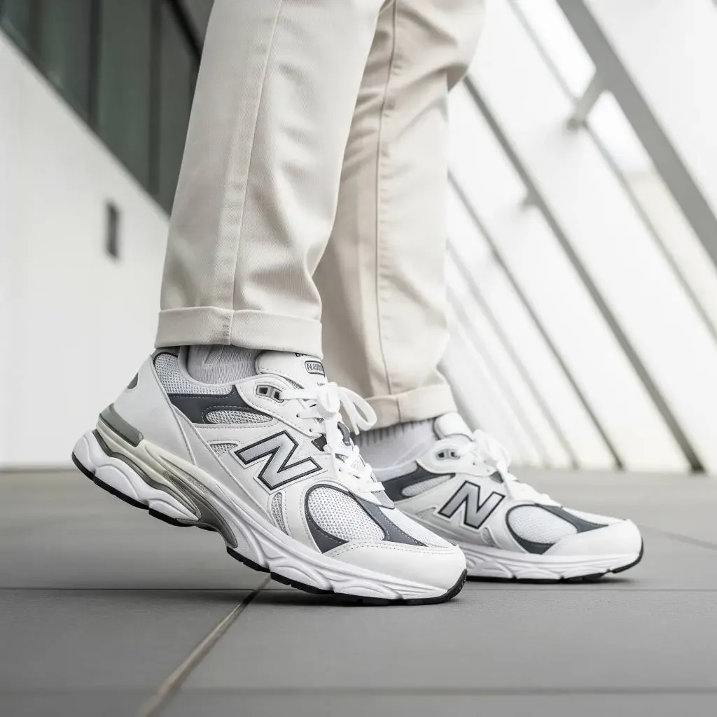 A person wearing the New Balance 9060 'Sea Salt' sneakers, demonstrating their clean aesthetic and styling versatility in a modern setting.