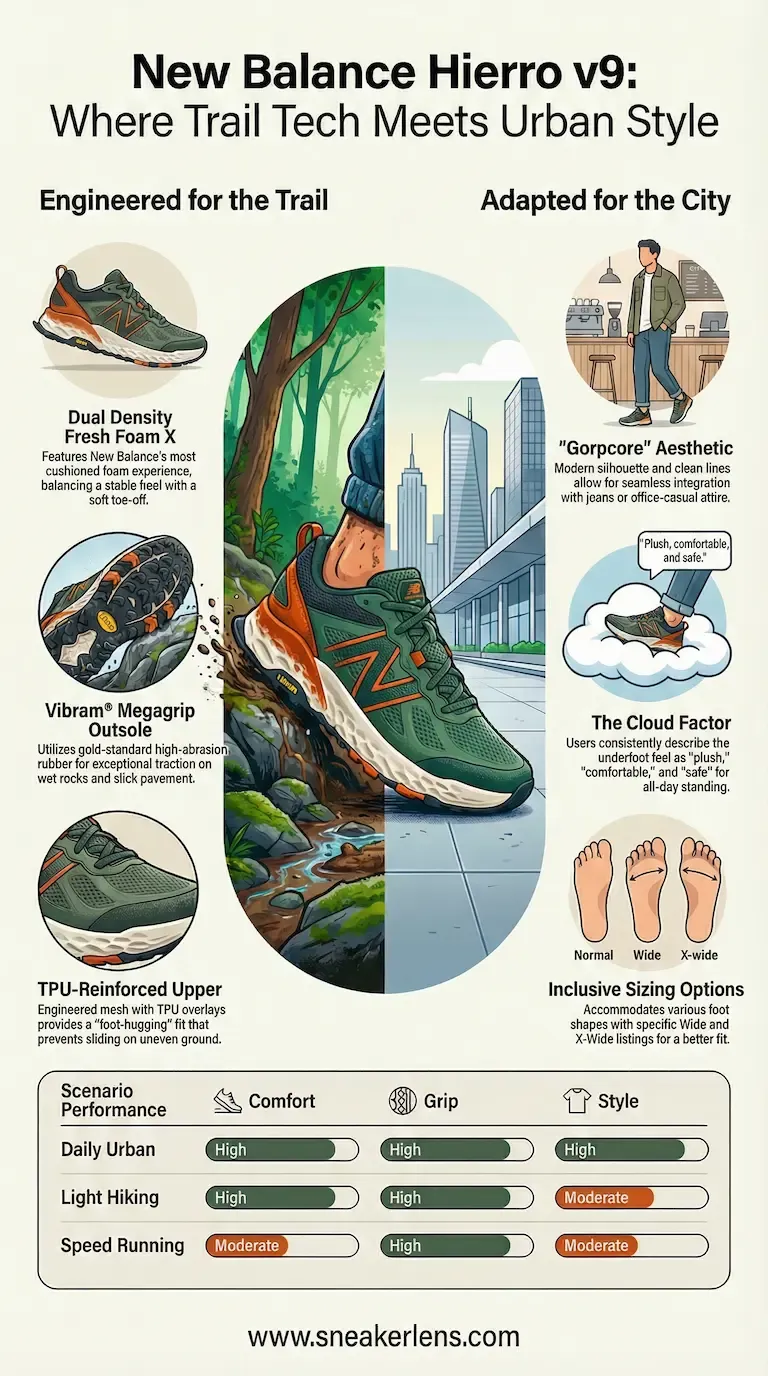An infographic showing the key features of the New Balance Fresh Foam X Hierro v9 trail shoe. Highlights include its dual-purpose design for both trail running and urban wear, Vibram Megagrip outsole, Fresh Foam X midsole, and inclusive sizing.