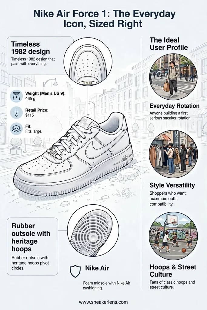 Classic white Nike Air Force 1 low-top sneakers in leather with heritage hoops style, made for everyday outfits and first-rotation buyers.