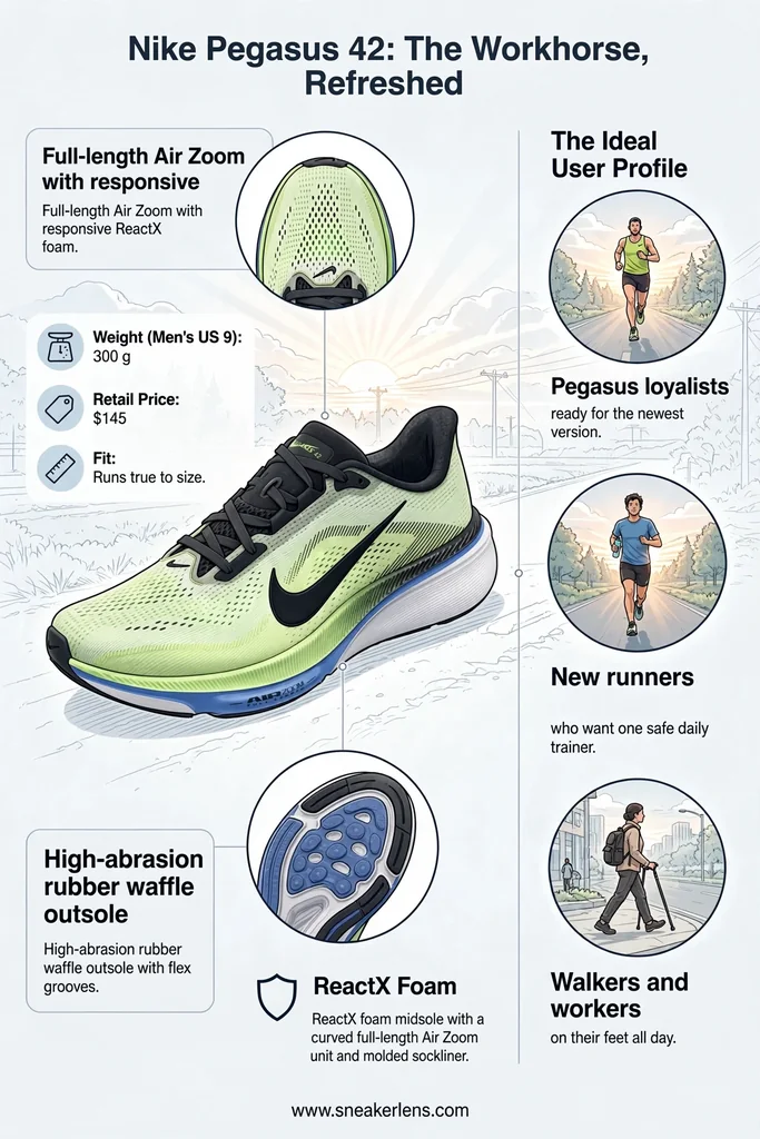 Infografía de los Nike Pegasus 42 con su espuma ReactX, unidad Air Zoom completa, ajuste fiel a la talla con espacio extra y usuarios ideales como corredores diarios y caminantes.