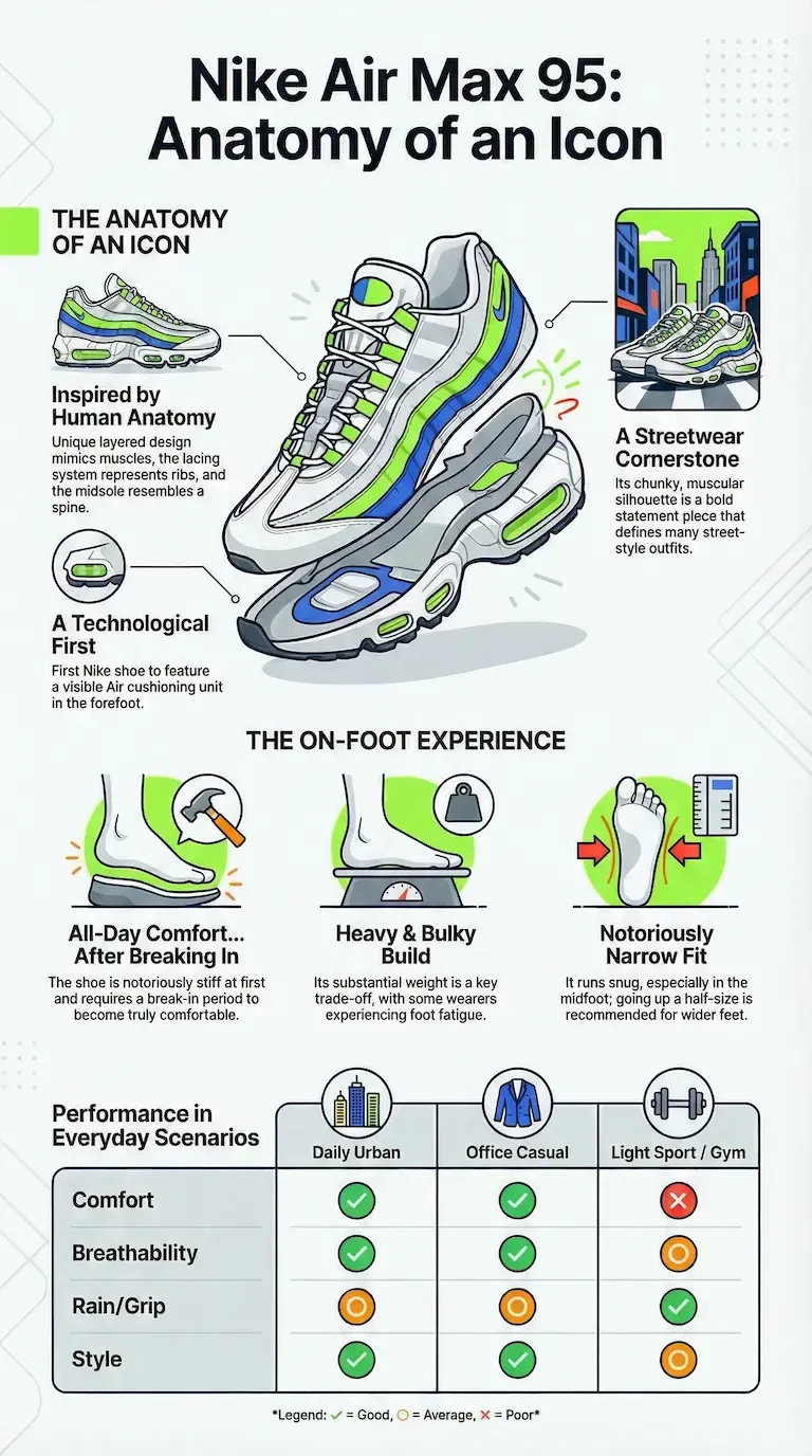 Infographic titled 'Nike Air Max 95: Anatomy of an Icon' detailing the sneaker's design inspiration and performance. The visual explains how the shoe mimics human anatomy (ribs, spine) and notes its 'technological first' visible forefoot air.